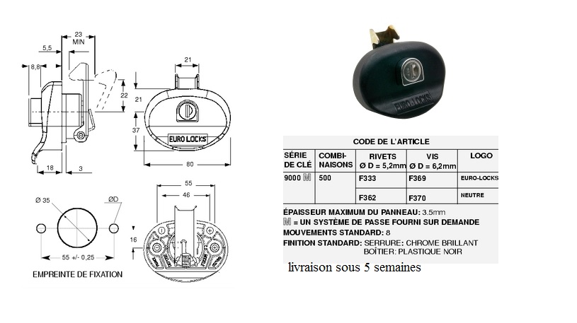 F333, Poignée de coffre de toit, serrure de coffre de toit, EURO-LOCKS